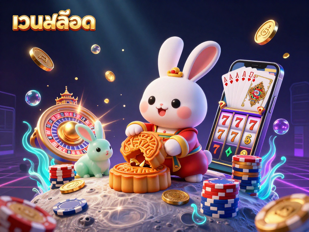 Experience เว็บสล็อต with a vibrant 3D illustration of a moon rabbit revealing poker chips inside mooncakes amidst a festive casino scene.