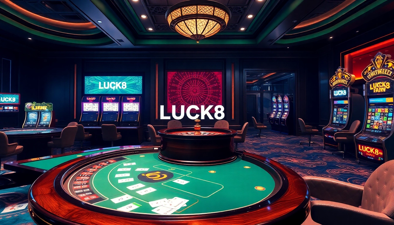 LUCK8 casino table with poker chips and a roulette wheel showcasing a luxurious gaming experience.