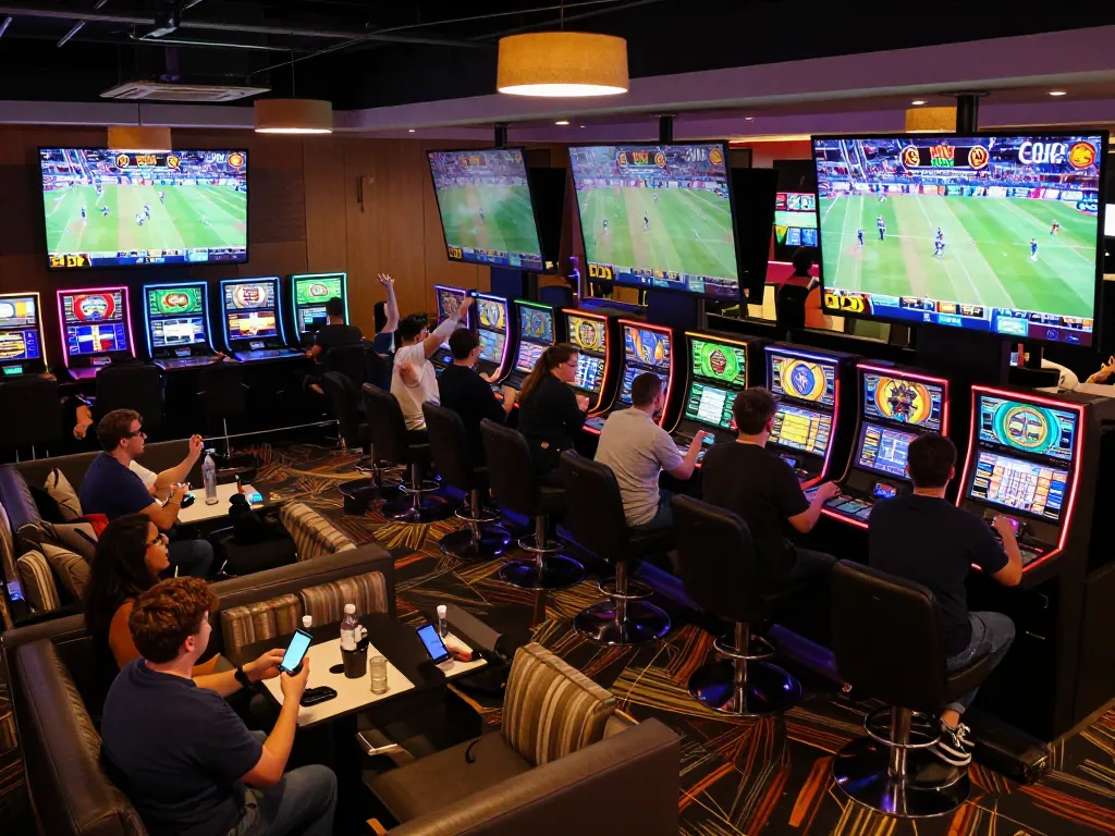 Sports fans engaging in live betting at BK8's energetic casino during an exciting game.