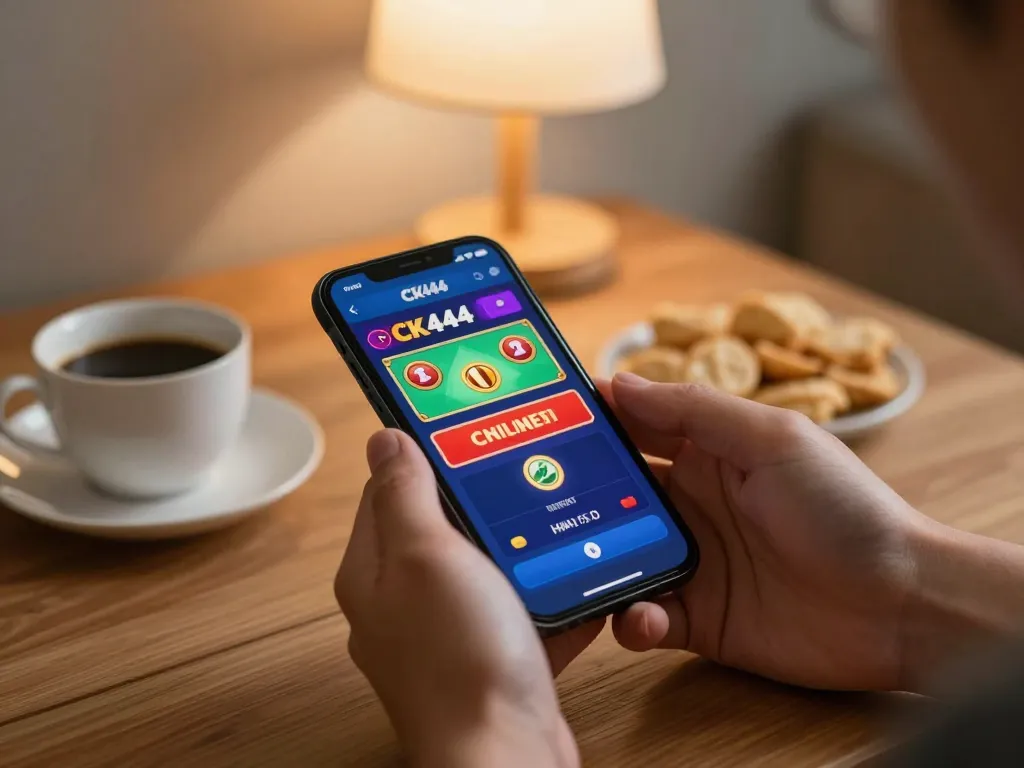Engaged user playing CK444 casino app on a smartphone in a cozy home setting, showcasing mobile gaming excitement.