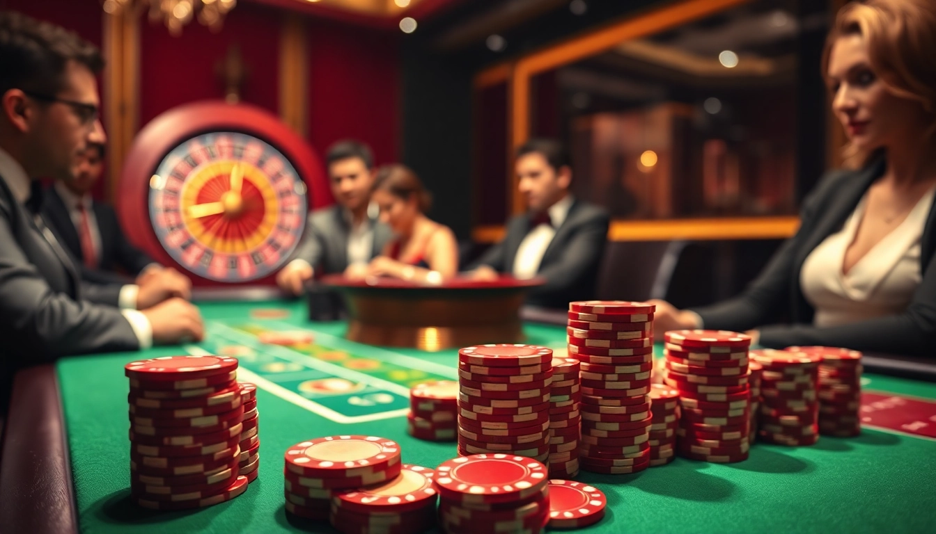 Players enjoying poker at AU88 casino, surrounded by vibrant poker chips and a roulette wheel.