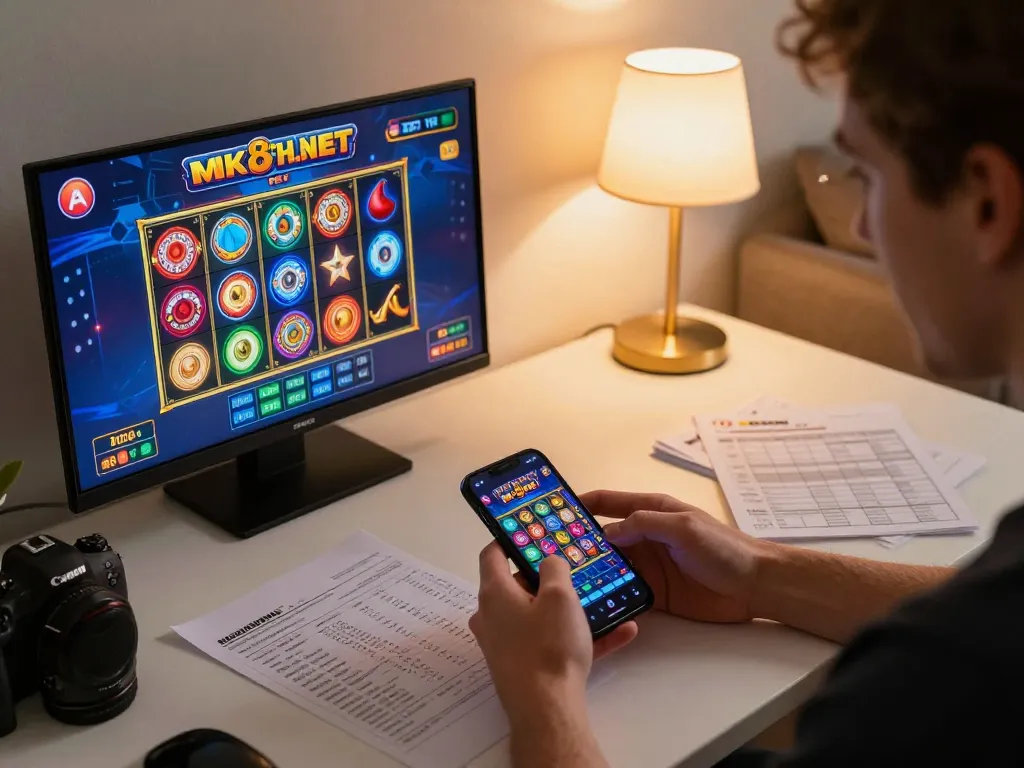 Engaging in online gambling at mk8th.net with a smartphone and live dealer game setup.