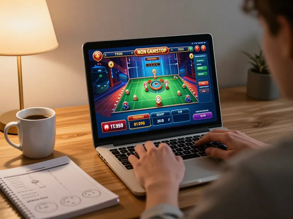 A player engaging in non gamstop casino gaming on a laptop, emphasizing responsible gambling strategies.