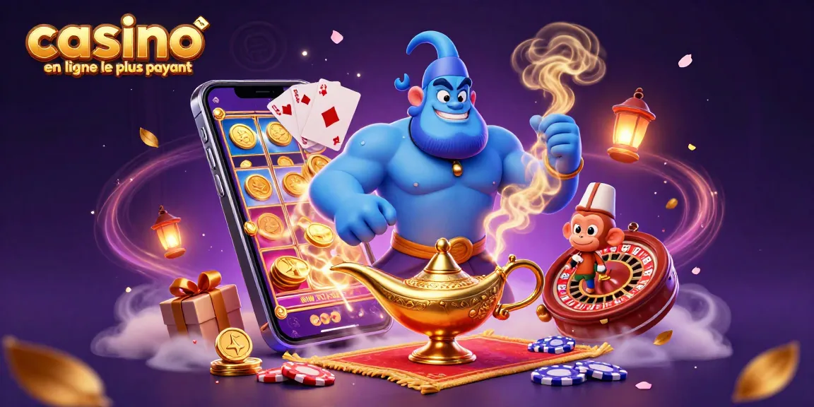 Vivez des moments palpitants au casino en ligne le plus payant avec une illustration 3D vibrante d'un casino mettant en scène un génie magique et des jeux de machines à sous.