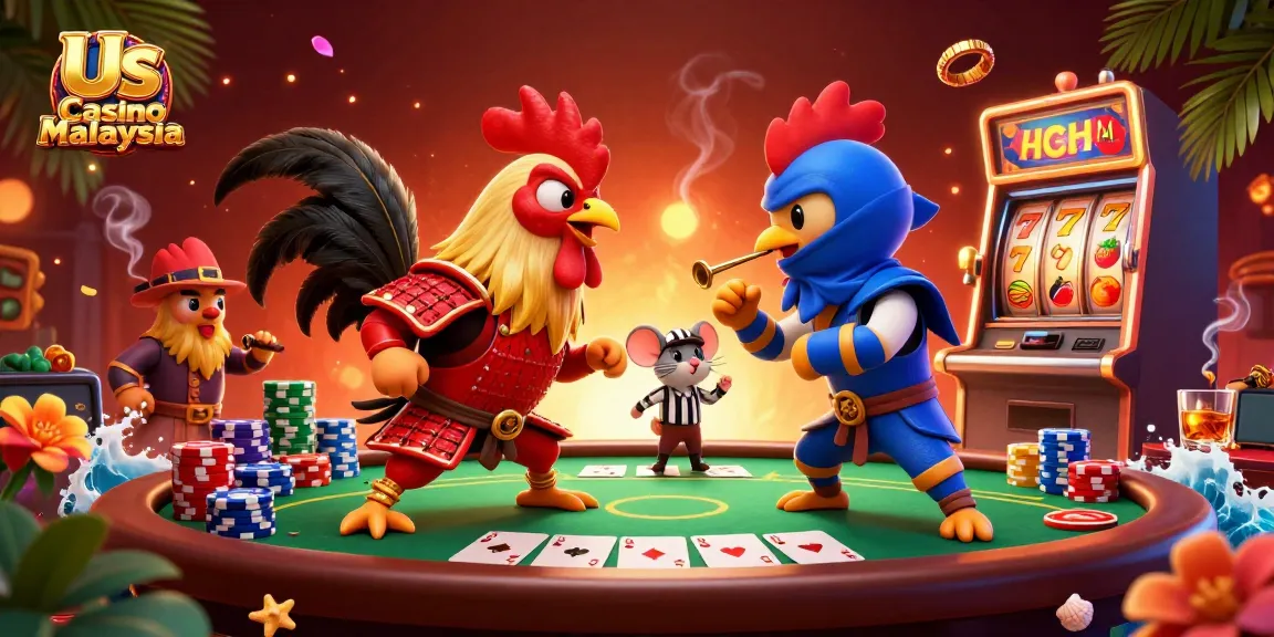 Battle of roosters at Us Casino Malaysia with poker elements and lively casino ambience.