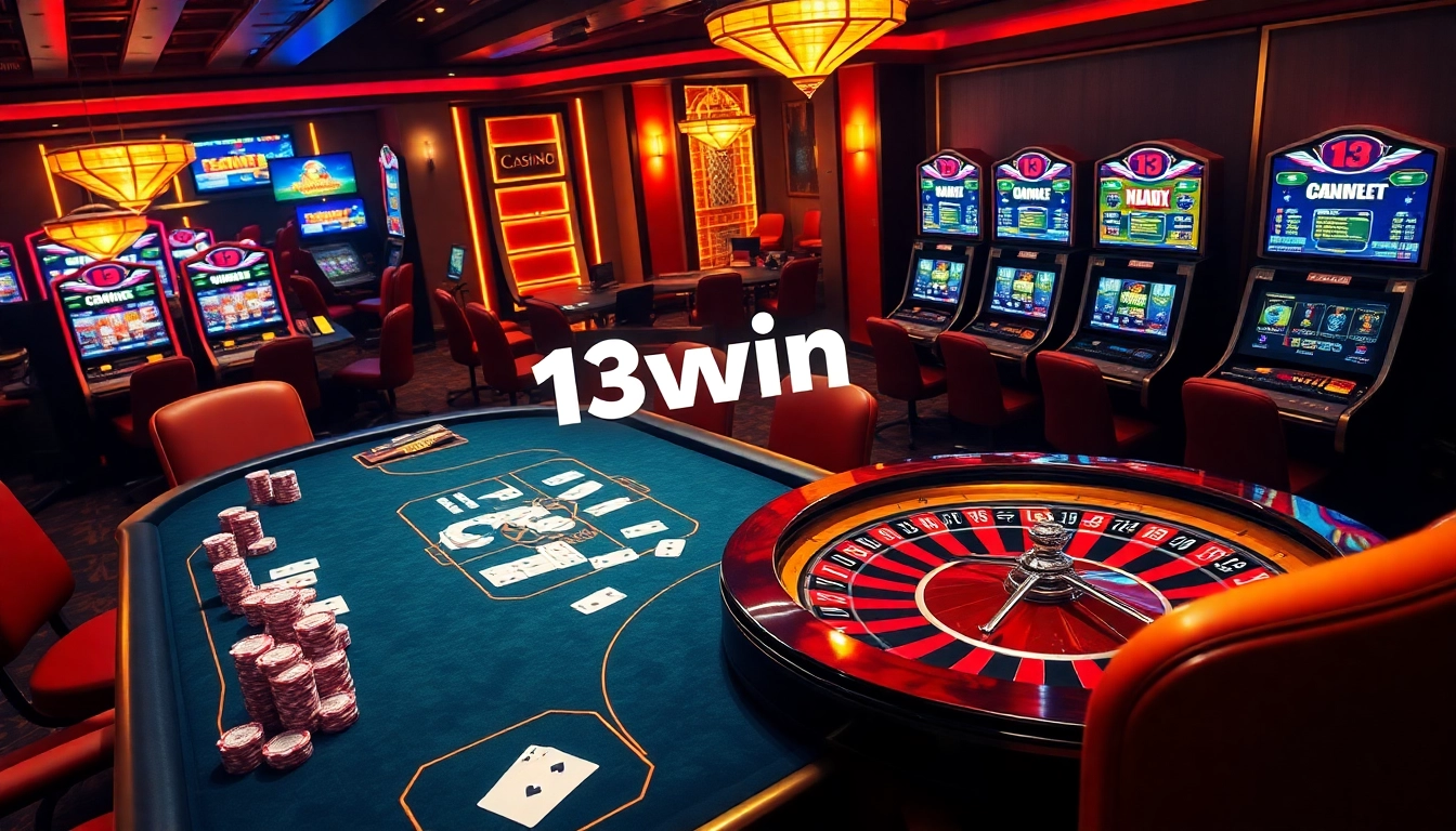 Experience thrilling gameplay at 13win with vibrant casino elements featuring poker, roulette, and online gaming displays.