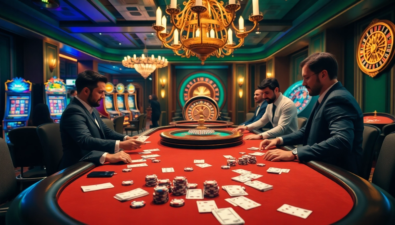 Players engaging at a luxurious blackjack table in a vibrant casino setting, BDJL betting experience.