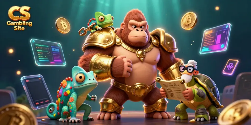 Engage with CS Gambling Site featuring a powerful gorilla, chameleon, and tortoise in a vibrant scene.