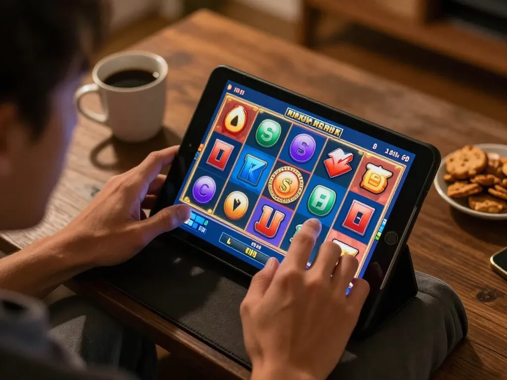 Bermain slot pulsa di tablet, menampilkan pengalaman perjudian santai di rumah.