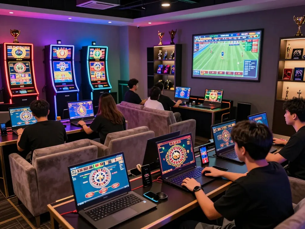 Exciting gaming scene with players enjoying live casino games on af88 net in a modern lounge, full of energy and immersive technology.