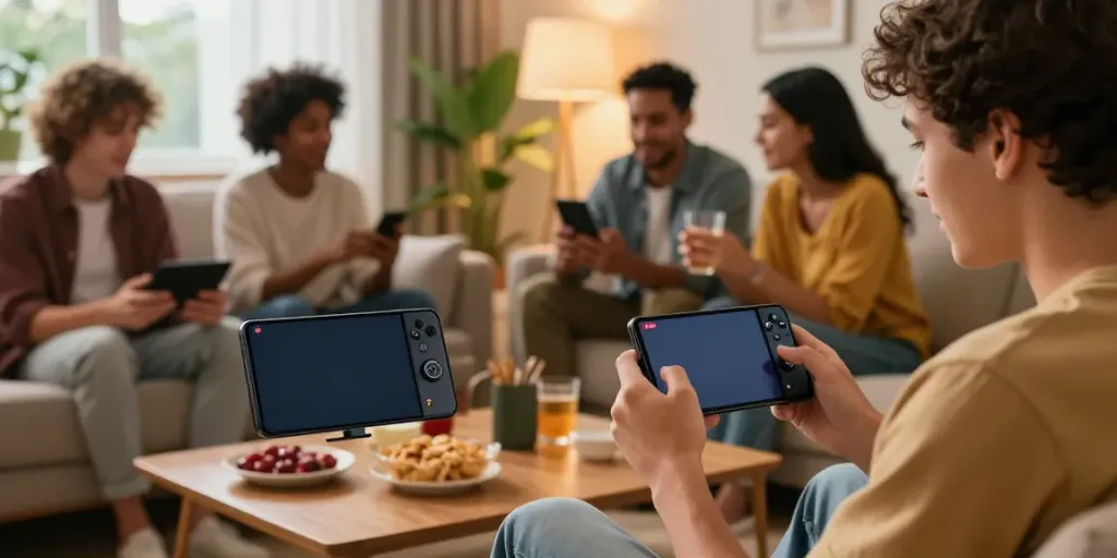 Engaged players enjoying the Rumble Rummy app in a cozy living room atmosphere.