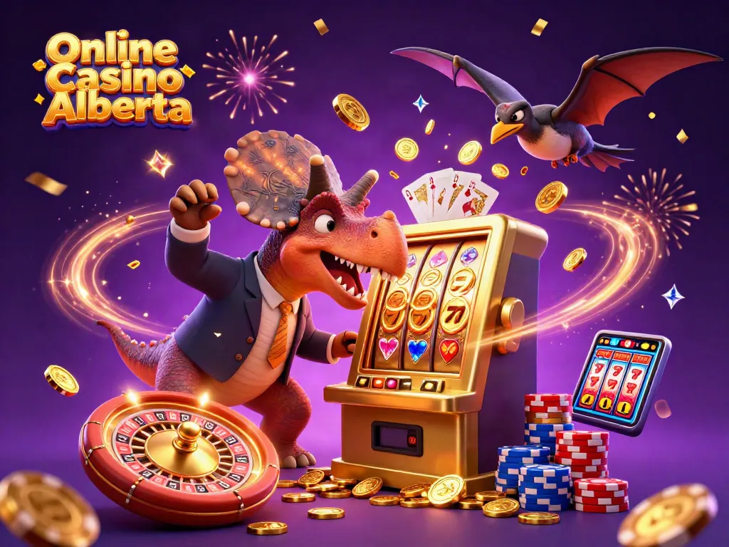 Catch jackpots at Online Casino Alberta with action-packed 3D illustration featuring exciting gaming elements.