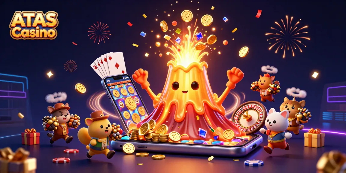 Experience the thrill of ATAS Casino with dynamic 3D illustrations of gold eruptions, treasures, and a vibrant gaming atmosphere.