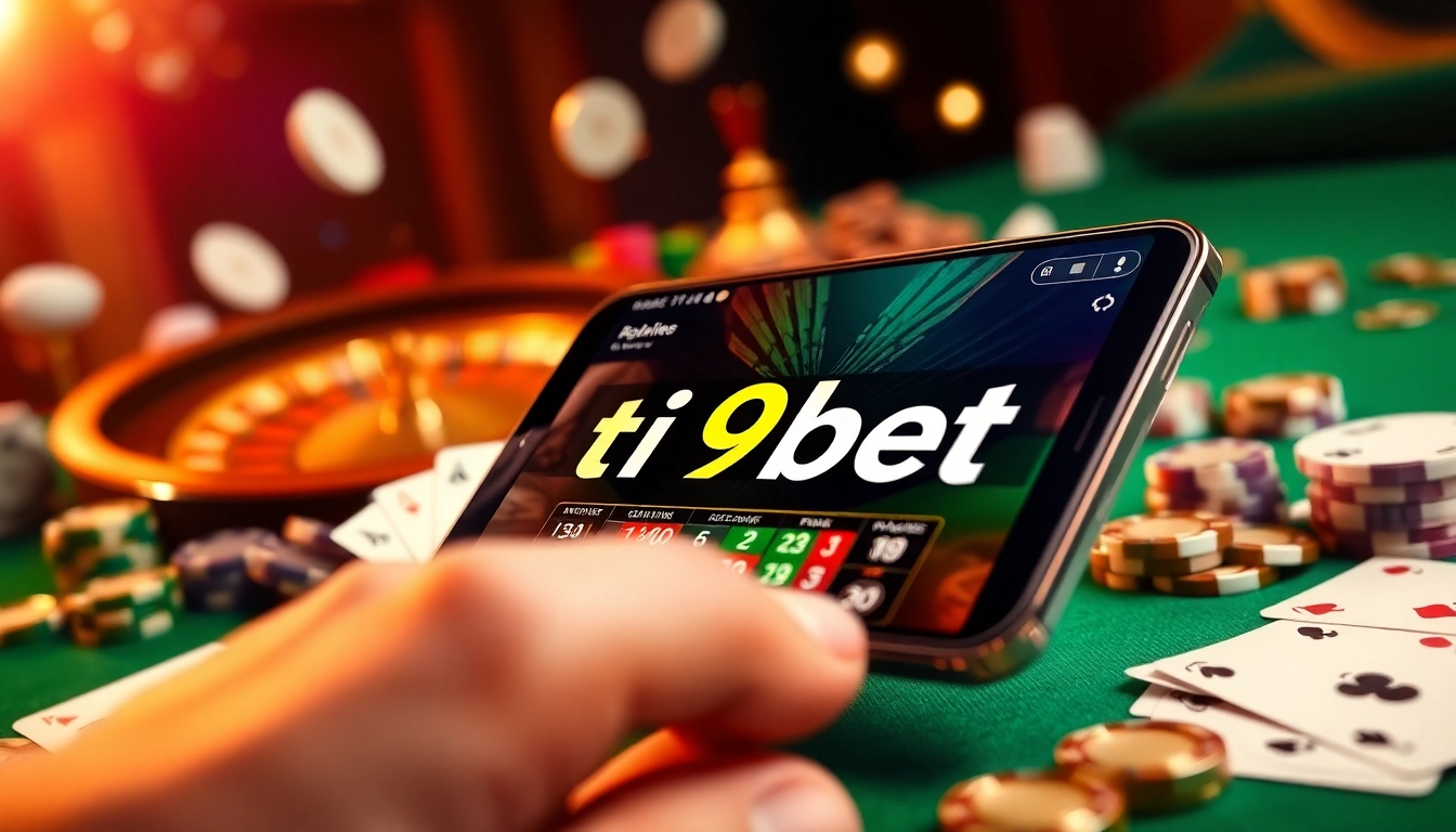 Experience the excitement of tải app i9bet with an elegant casino scene depicting online gambling on a smartphone.