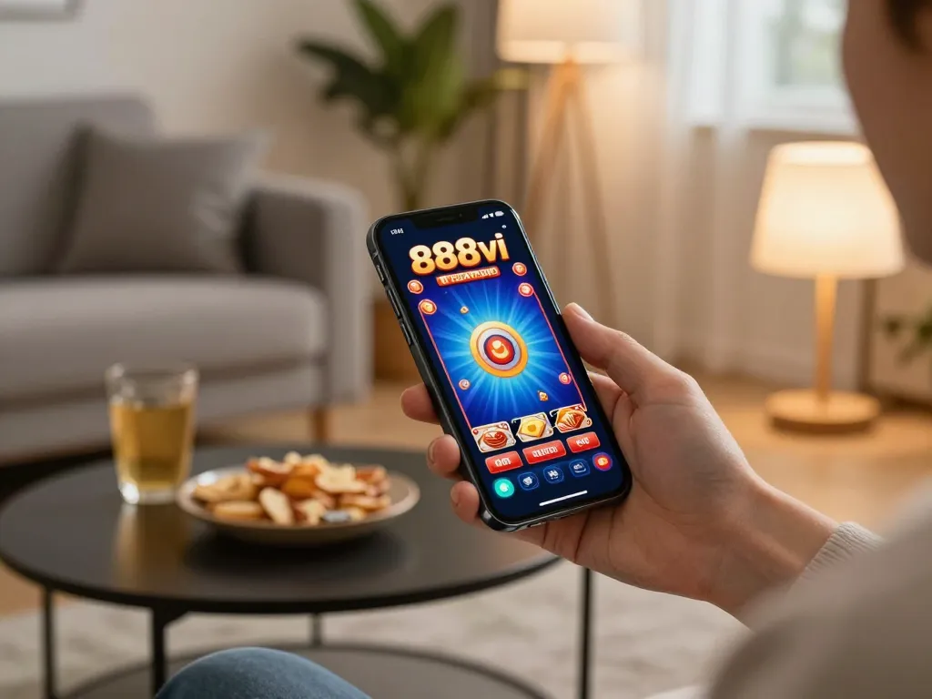 Experience dynamic mobile gaming with the 888vi app in a cozy setting, emphasizing strategic play and responsible gambling.