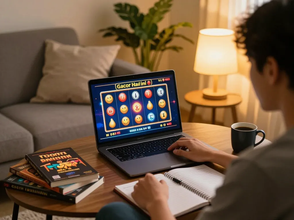 Check out slot gacor hari ini while engaging in online gambling on a laptop in a cozy living room.
