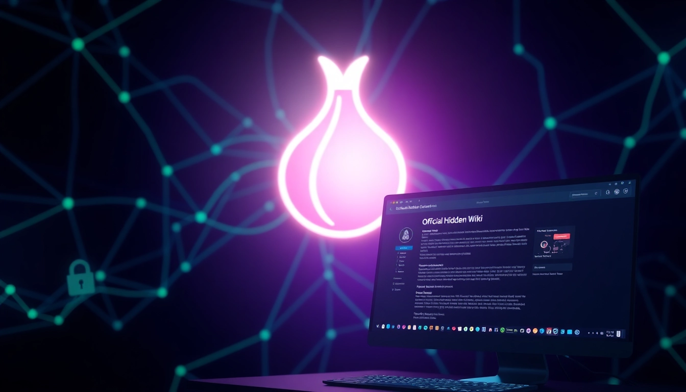 The official Hidden Wiki on a dark web interface with a glowing onion symbol, emphasizing security and anonymity.
