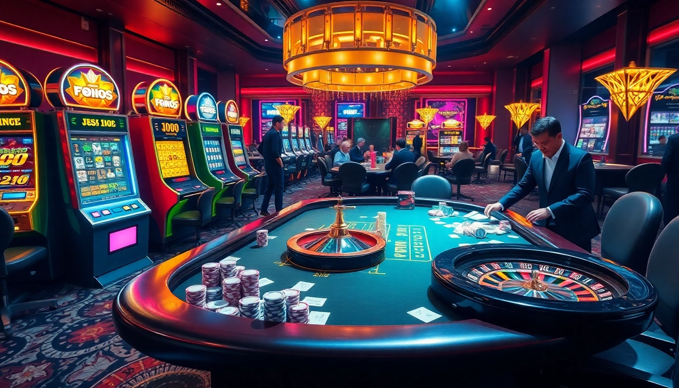 Experience the excitement of FB88 casino with vibrant gaming scenes featuring slots, poker, and roulette.