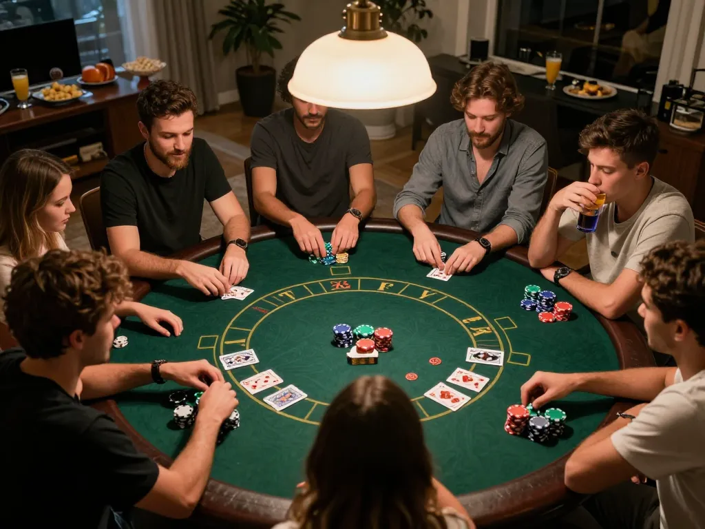 Players engaged in intense poker betting at kkwin club home game night, highlighting strategy and social fun
