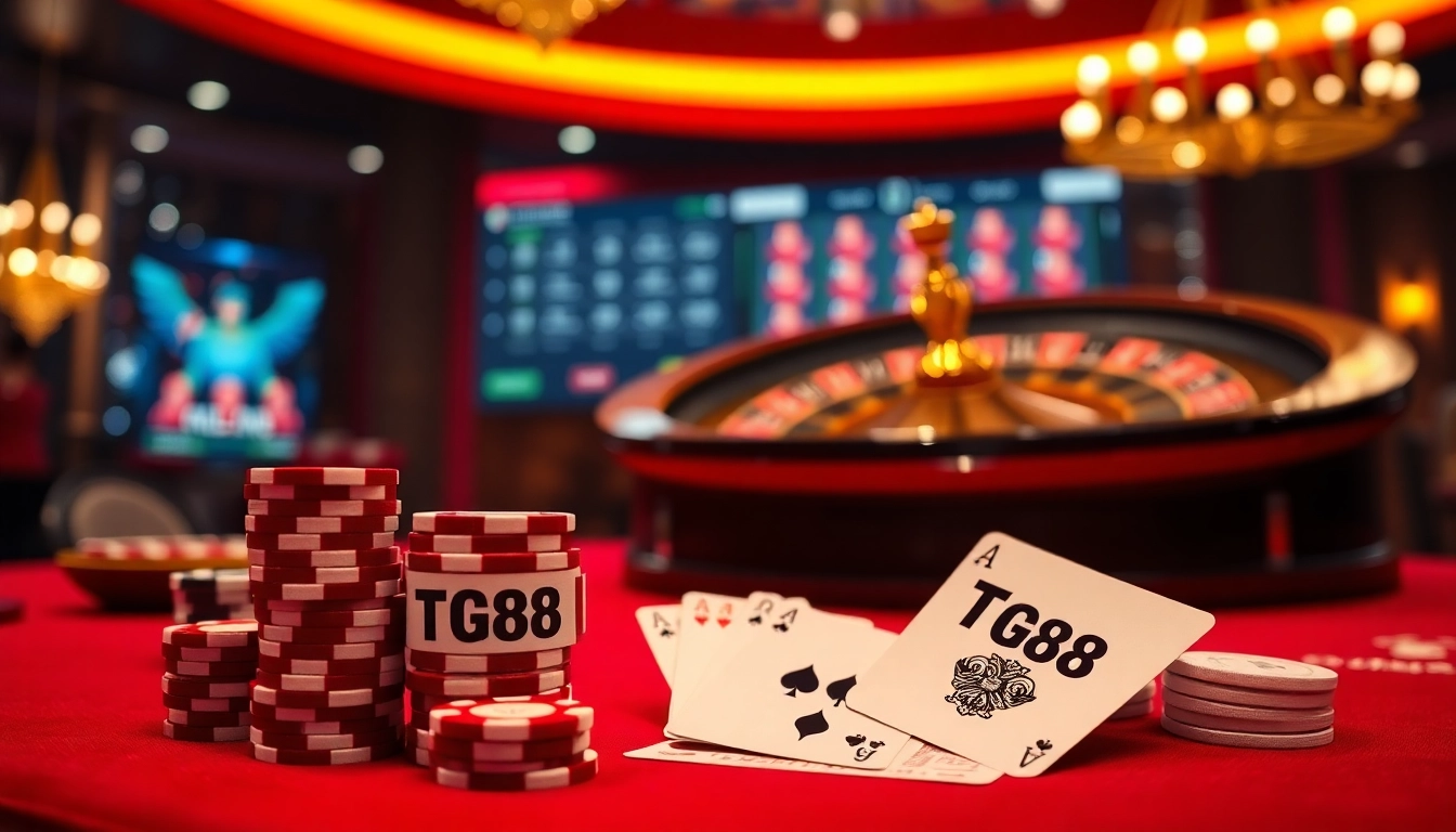 Experience the excitement of gambling at TG88 with vibrant chips and a spinning roulette wheel.
