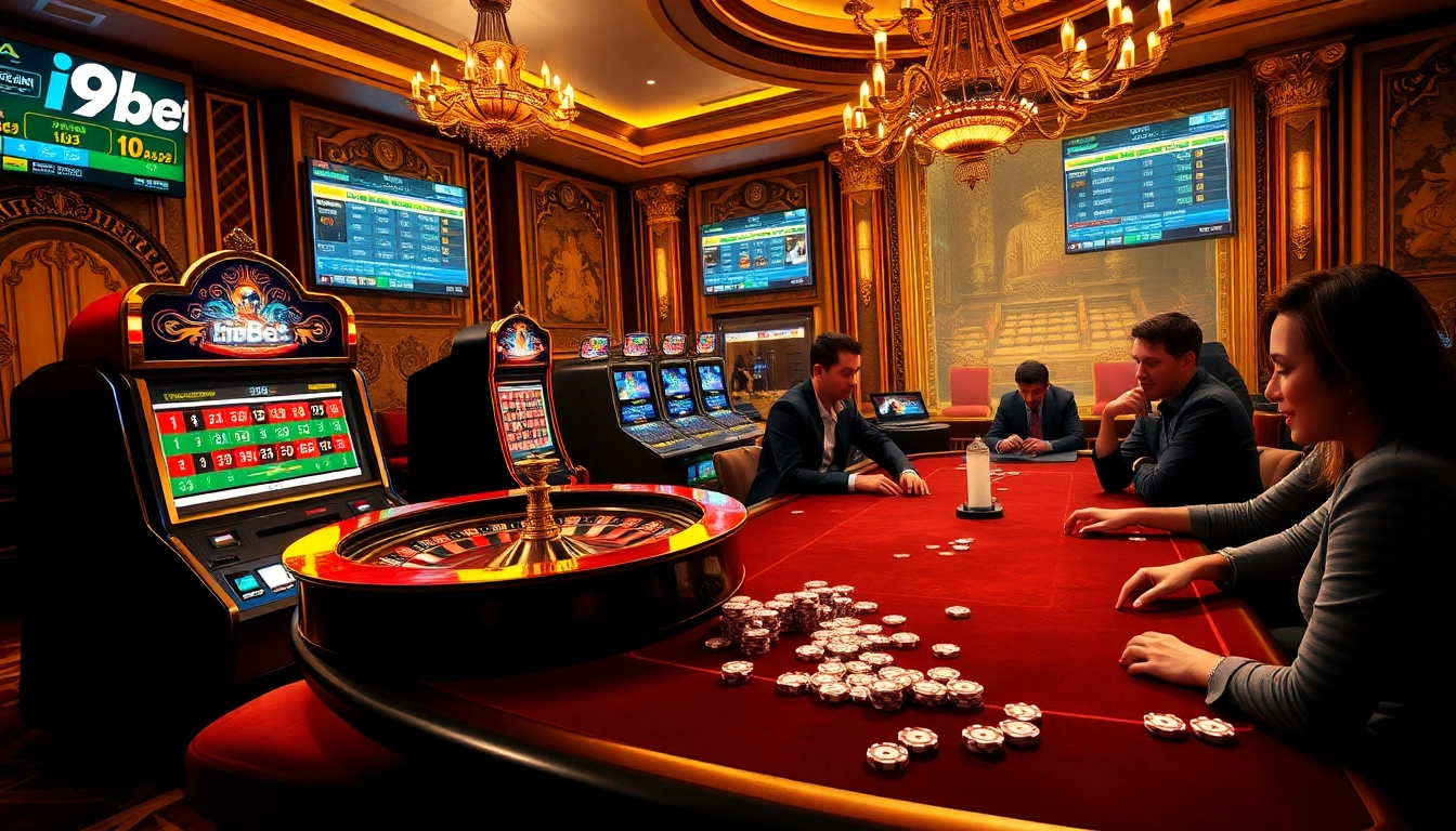 The dynamic gambling scene at i9bet featuring exciting roulette and vibrant slot machines.
