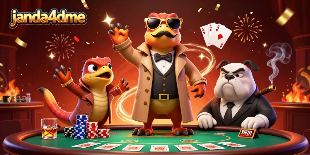 Raptors dalam jas trench memasuki lounge kasino VIP janda4dme, dikelilingi kartu poker dan keripik warna-warni.