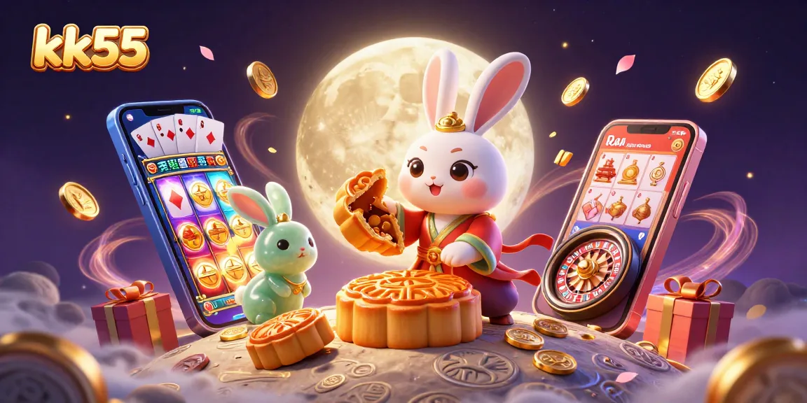 Engage in thrilling slot games with kk55 under the moonlight with poker chips and dazzling elements.