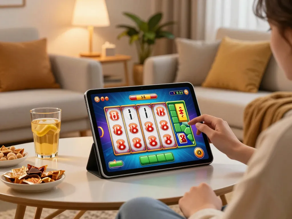 Engaging gameplay of slot mahjong displayed on a tablet screen in a cozy home setting.