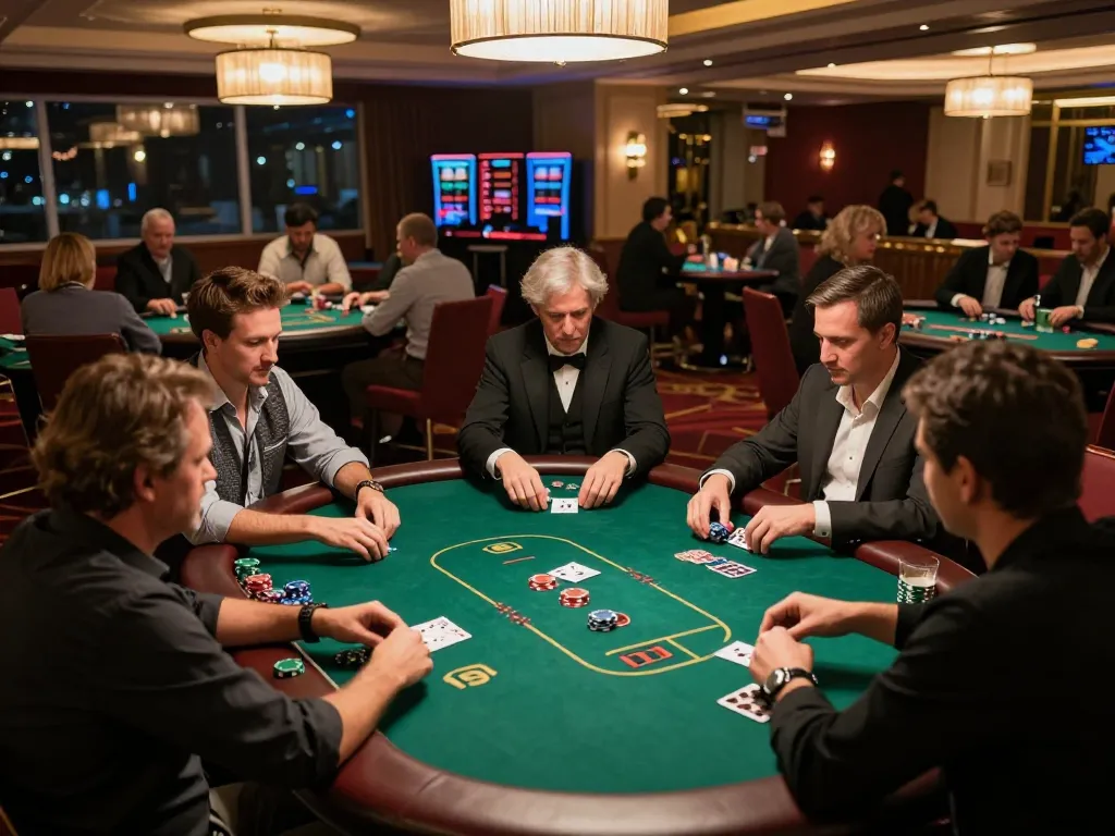 Engaging poker scene at RR88 NAVY casino with players focused on gameplay and luxurious ambiance.