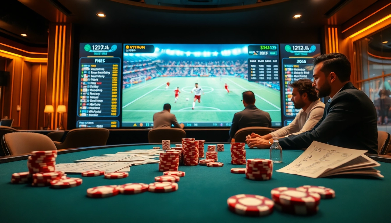 Engaging scene with bettors placing sports bets at a Judi Bola Resmi platform, highlighting soccer excitement.