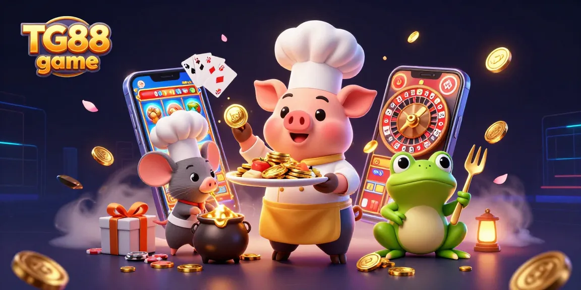 Experience the excitement of TG88 game with a dynamic 3D illustration featuring whimsical characters and gambling elements.