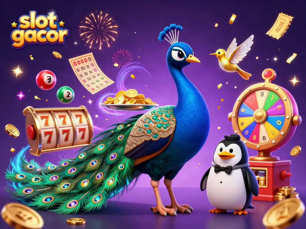 Slot gacor dengan simbol jackpot dan karakter menarik dalam suasana gemerlap.