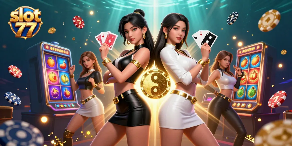 Engage in the thrill of slot 77 with twin Asian women showcasing their winning hands and casino excitement.