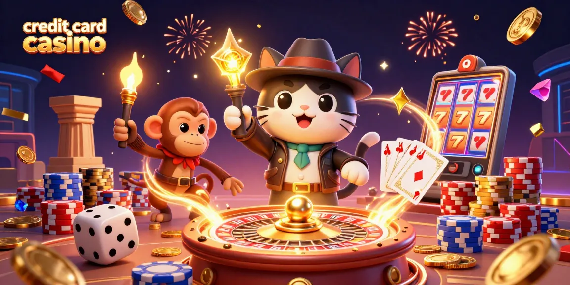 Engage with the vibrant scene of a credit card casino adventure, featuring swirling coins and lively characters.
