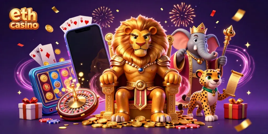 Play with eth casino's immersive gaming world featuring a lion king, elephant advisor, and cheetah messenger.