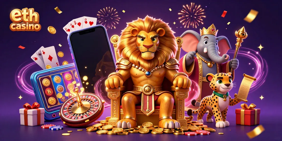Play with eth casino's immersive gaming world featuring a lion king, elephant advisor, and cheetah messenger.