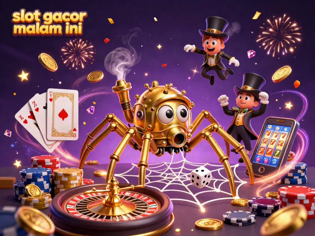 Slot gacor malam ini menghadirkan aksi mendebarkan dengan laba-laba emas dan dadu terperangkap dalam jaring berkilau.