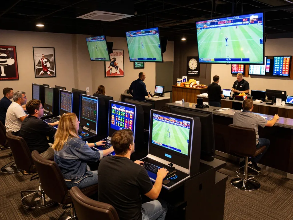 Cược thể thao action at a vibrant sports betting lounge with live games and engaged patrons.