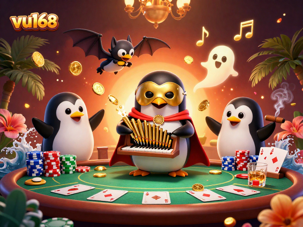Experience top-notch gaming at vu168, featuring a penguin playing an organ that shoots gold coins.