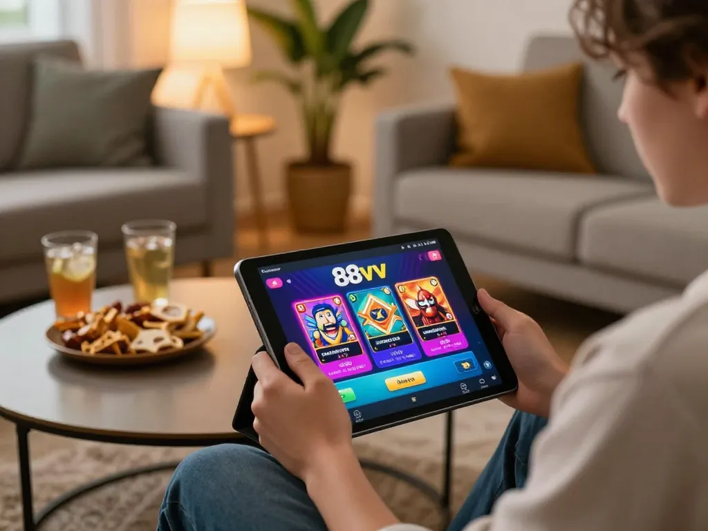 Engaged player exploring 88vv mobile casino app in a cozy home setting with snacks nearby.