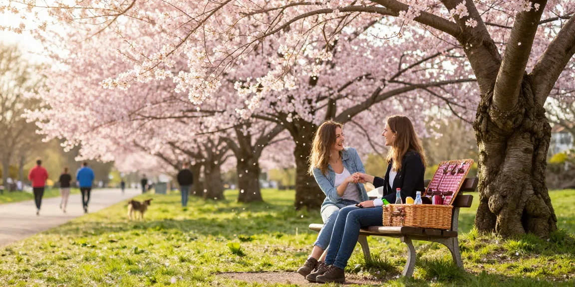 A couple sharing a crush on a park bench, enjoying a spring afternoon surrounded by blooming trees.