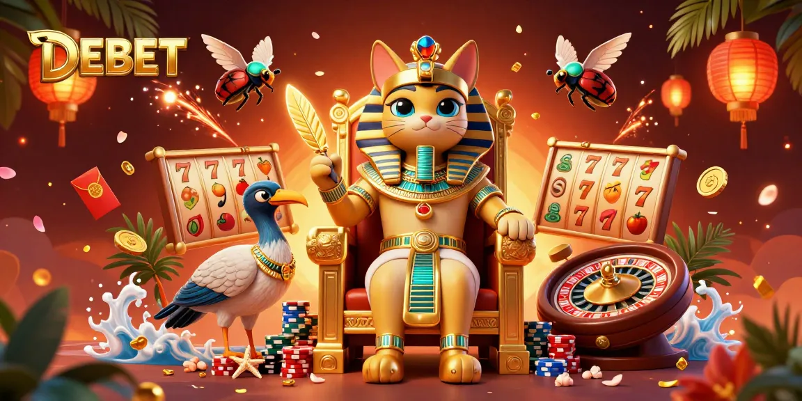 Experience thrilling luck with DEBET in this vibrant casino scene featuring Egyptian-themed characters.