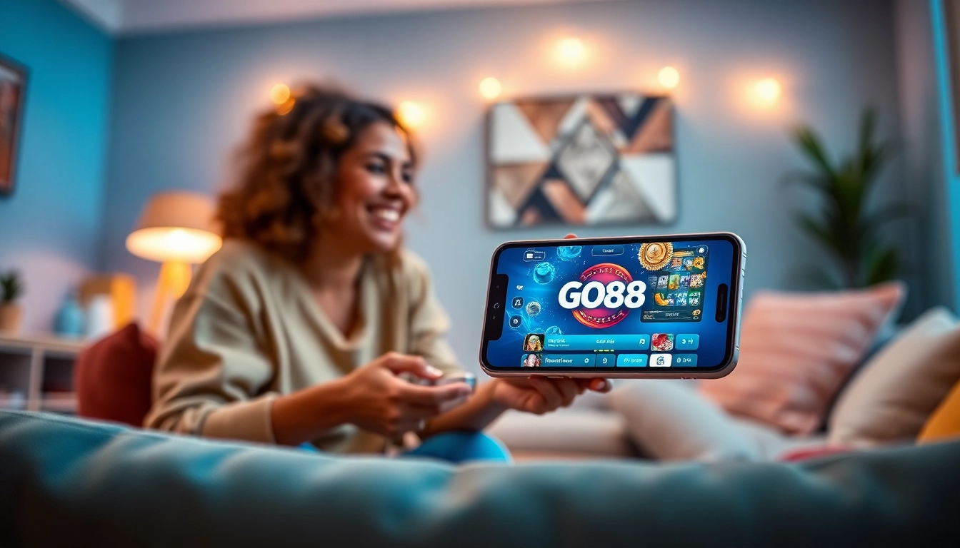 Tải GO88 app interface displayed on smartphone in a cozy gaming environment.