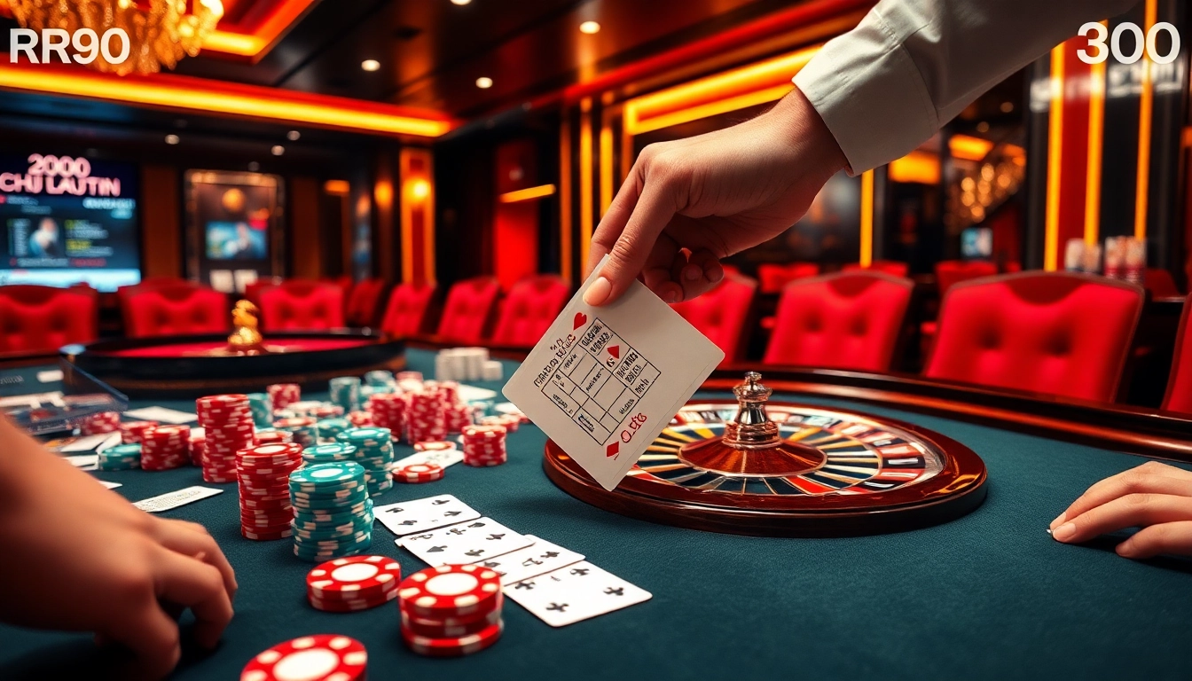 Players engaging in high-stakes betting at Nhà cái RR99 casino table, showcasing poker chips and cards.
