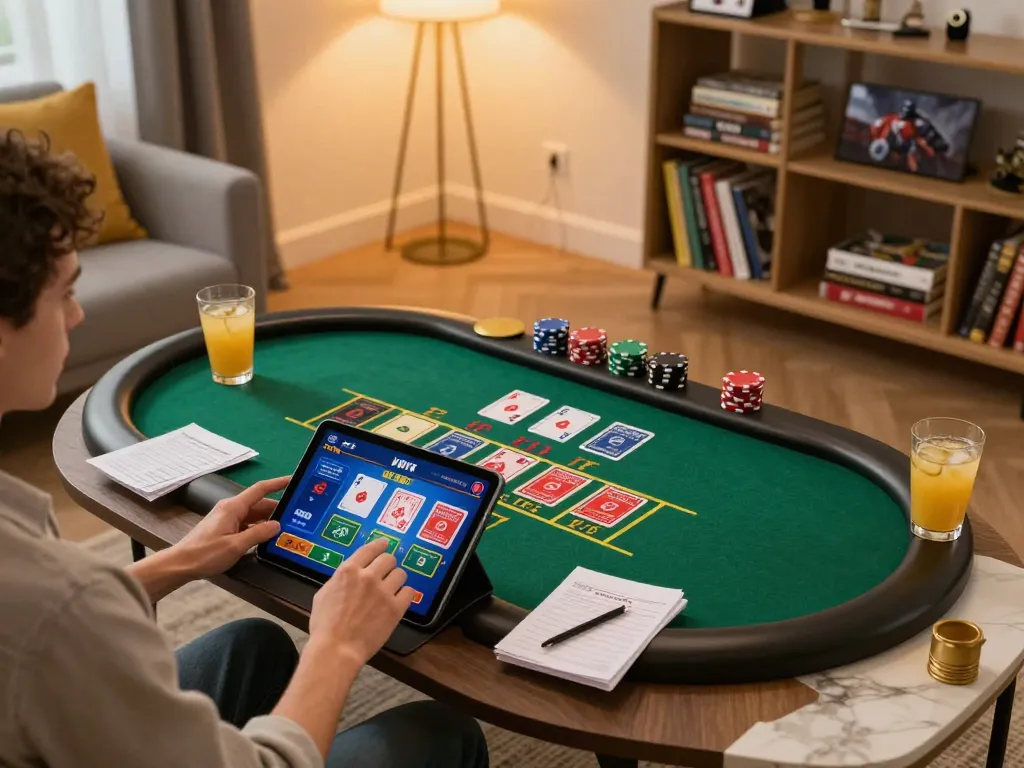 RR88 player engaging in live dealer blackjack on a tablet at home, showcasing strategic betting.