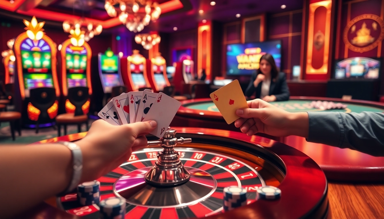 VA88 casino scene with exciting roulette and slot machines creating a vibrant gambling atmosphere.