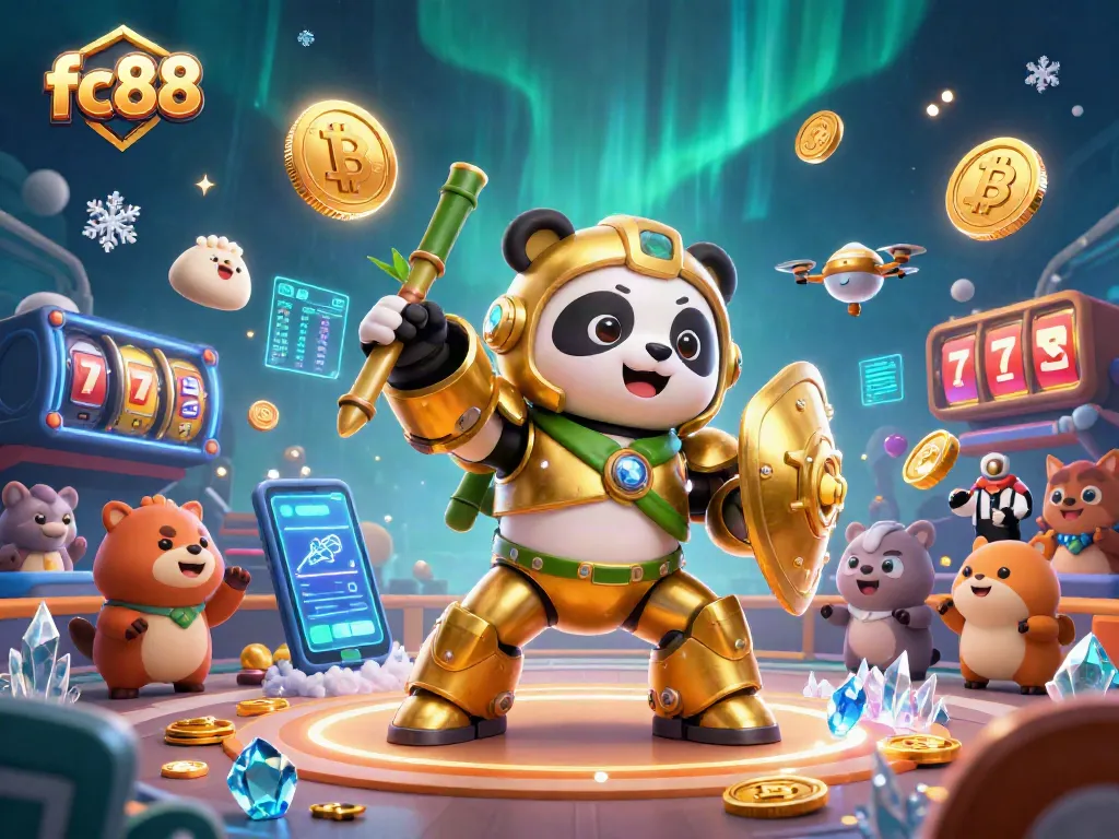 Engage with fc88's thrilling online slots as a golden panda battles in a vibrant casino arena.