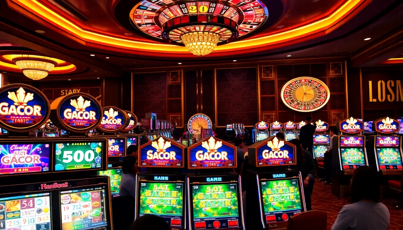 Rasakan keseruan permainan slot gacor dengan mesin slot yang berwarna-warni dan pemain di kasino mewah.