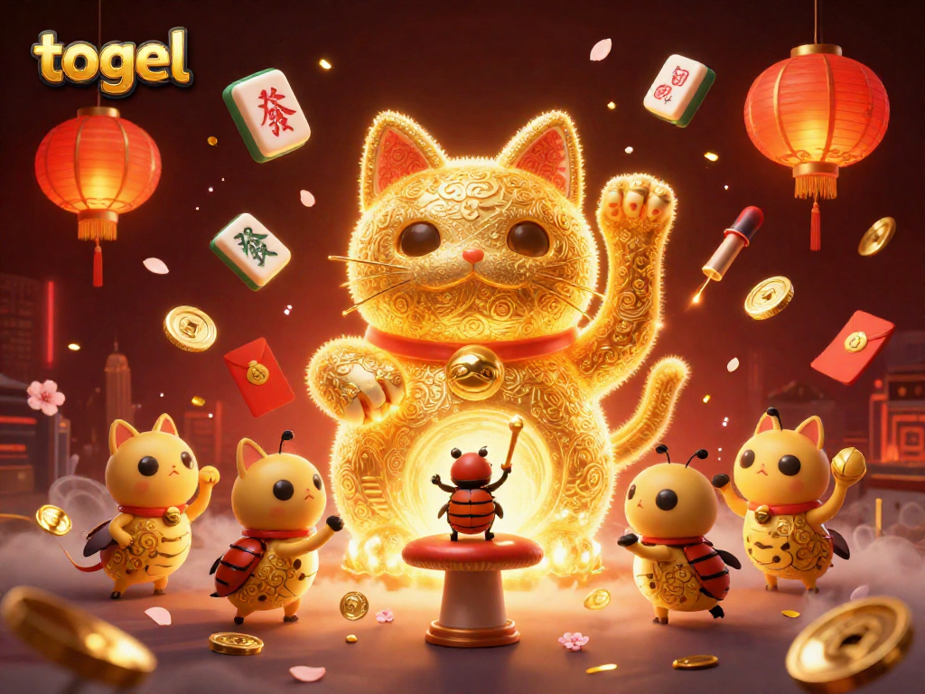 Unleash your luck with togel's vibrant 3D gaming world featuring animated symbols and a lucky cat.