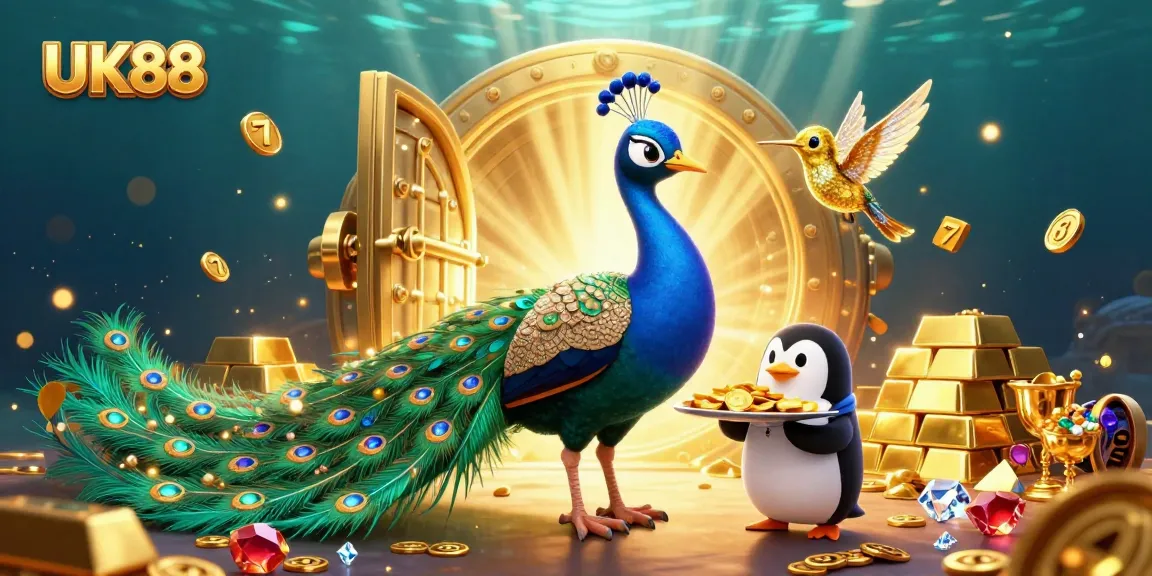Engage with UK88's colorful 3D casino scene featuring a peacock and valuable treasures.